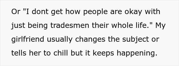 Text on a white background discussing being tradesmen and a girlfriend belittling an electrician for working with his hands.