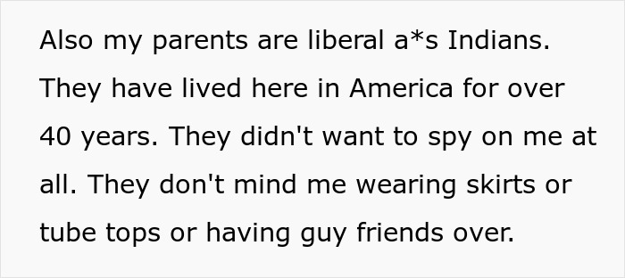 Text about parents described as liberal Indians living in America, not spying or judging skirt-wearing or guy friends.
