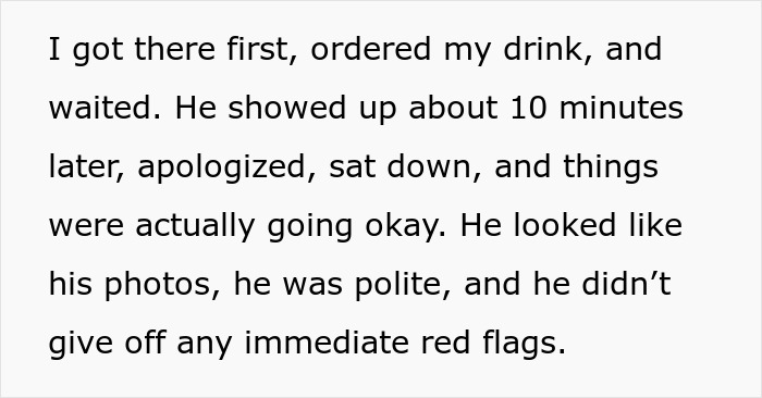 Text describing a first date where a guy fakes an emergency but gets caught, revealing a failed test.