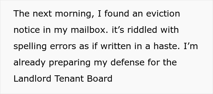 Text excerpt showing a frustrated person preparing a defense after receiving an eviction notice, highlighting relationship stress with cheese-wheel-girlfriend.
