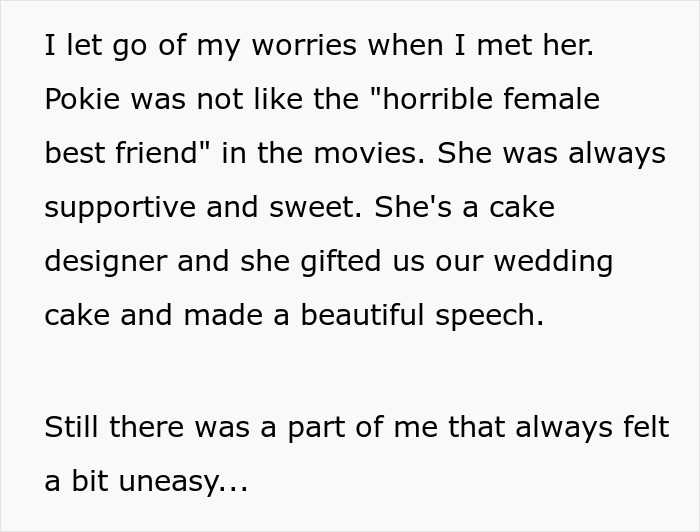 Text describing doubts and feelings about husband best friend cheating despite initial trust and kindness.