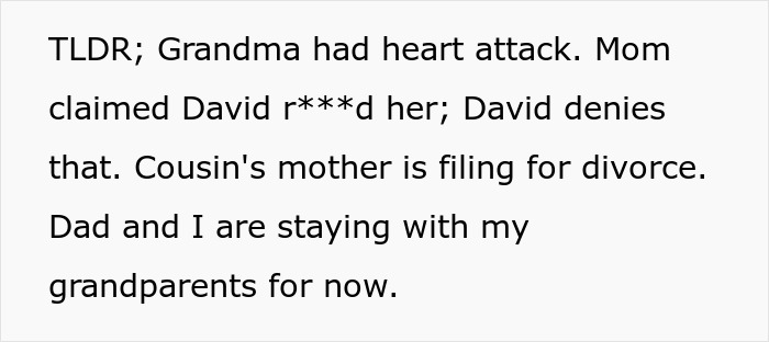 Text message revealing family chaos after DNA test shows uncle is actually the dad, causing divorce and heart attack concerns.