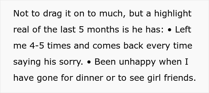 Text excerpt describing a woman sharing her struggles with a husband who keeps leaving and coming back.