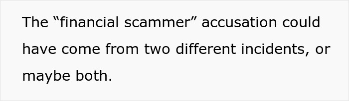 Text excerpt about a financial scammer accusation potentially linked to postpartum boundaries retaliation incidents.