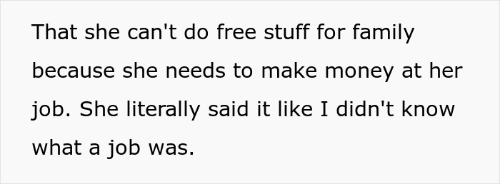 Text excerpt about sister refusing to plan wedding due to needing to make money at her job, reflecting sister refuses plan wedding gets demoted guest.