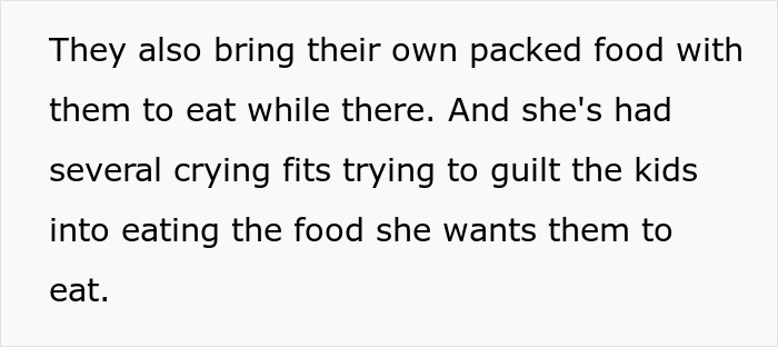 Text excerpt from an article describing a woman upset about her kids bringing packed food and her attempts to control their eating.