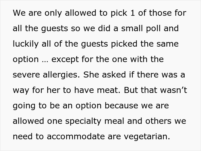 Text excerpt discussing a woman who doesn’t want a vegetarian meal at a friend’s wedding and contacts caterers secretly. Text excerpt discussing a woman who doesn’t want a vegetarian meal at a friend’s wedding and contacts caterers secretly.