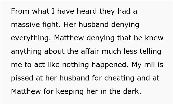 Text excerpt discussing a cheating husband, his mother defending him, and tensions rising between in-laws after a fight.