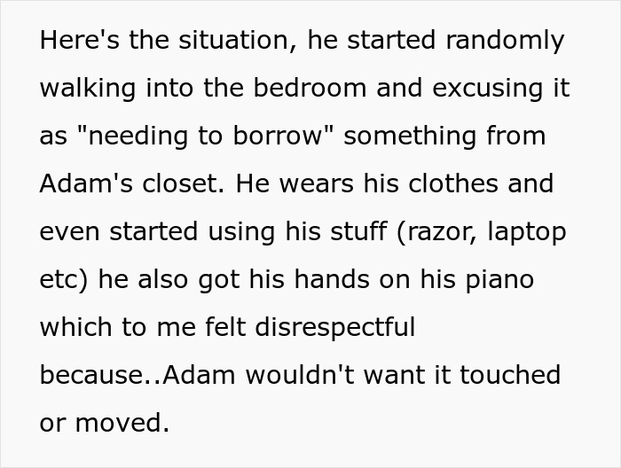 Text excerpt describing a woman confronting late husband's brother for wearing his clothes and using his belongings, causing disrespect.