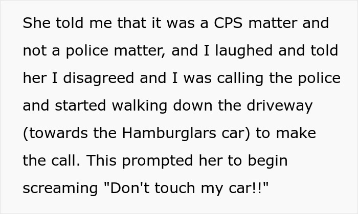 Text about CPS matter and the Hamburglar step-mom involved in food theft prompting a police call and confrontation.