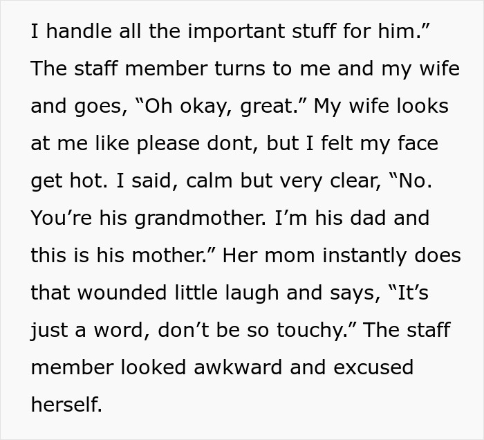 Text excerpt showing a tense family conversation involving a dad confronting a grandmother pretending to be kid's guardian.