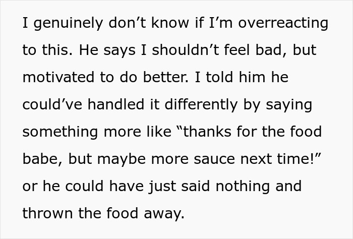 Text conversation about a woman bringing leftovers to support her boyfriend in mourning and being criticized over the food.