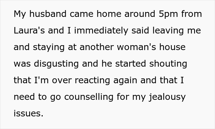 Text excerpt about husband spinning a tale involving pregnant female bestie, leaving wife shocked and accused of jealousy.