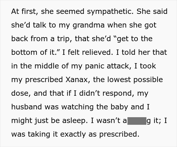 Text excerpt about postpartum boundaries and a panic attack, describing prescribed Xanax use and care during a distressing moment.