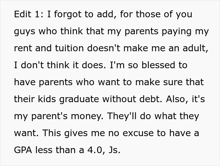Text from an online post explaining feelings about parents paying rent and tuition while emphasizing personal responsibility and graduation without debt.