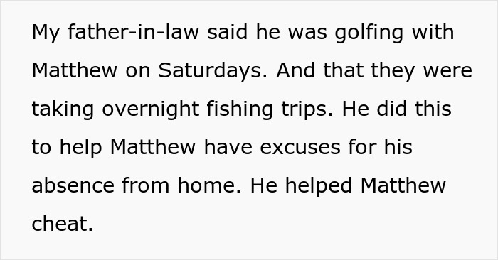 Text excerpt revealing father-in-law covering for cheating husband by providing false alibis, sparking conflict with in-laws.