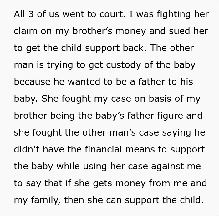 Text excerpt about court battle over baby custody and child support involving woman, late brother, and baby's paternity dispute.