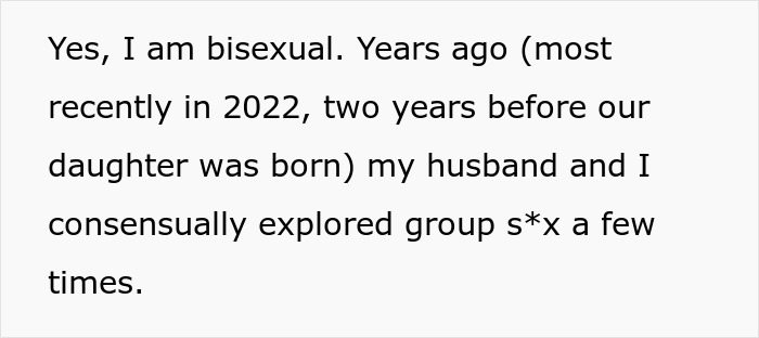 Text on a white background about bisexuality and exploring group s*x, relating to postpartum boundaries and retaliation.