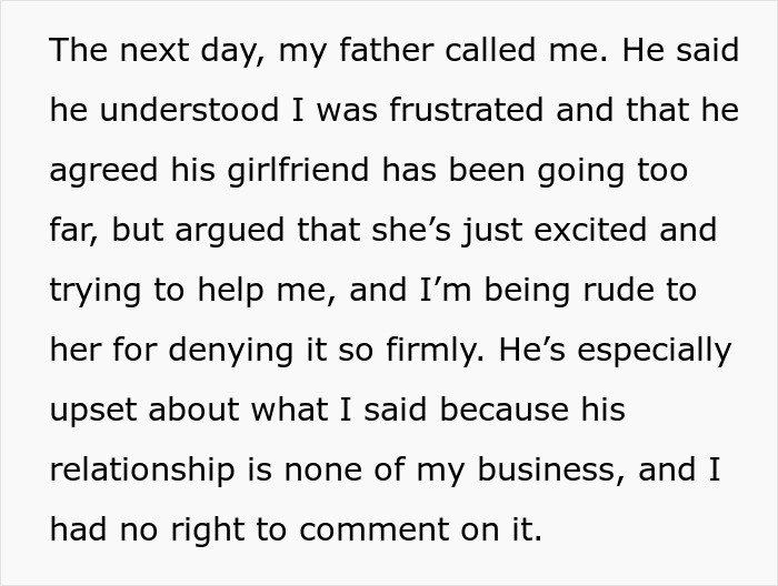 Dad's girlfriend experiencing baby fever, daughter feeling horrified as pregnancy excitement goes overboard.