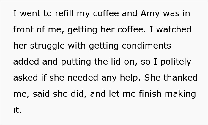 Text excerpt describing a man watching a woman struggle and offering help, relating to crude drawing and tragic story.