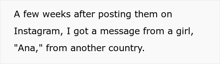 Text on a white background reads a message from a girl named Ana from another country after posting on Instagram.