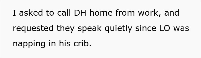 Text message discussing asking to call husband home quietly while baby naps in crib, highlighting new parents' concerns. Text message discussing asking to call husband home quietly while baby naps in crib, highlighting new parents' concerns.