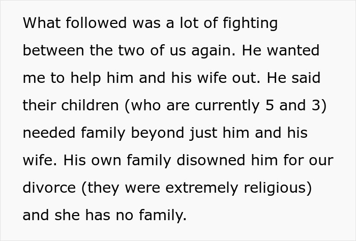 Text excerpt describing a cheating guy expecting his ex-wife to support his new kid, leading to a reality check.