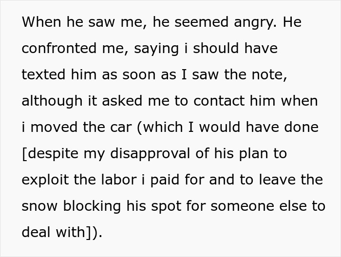 Entitled guy confronting neighbor over snow-free parking spot, frustrated car won’t be moved despite snow blocking spot. Entitled guy confronting neighbor over snow-free parking spot, frustrated car won’t be moved despite snow blocking spot.