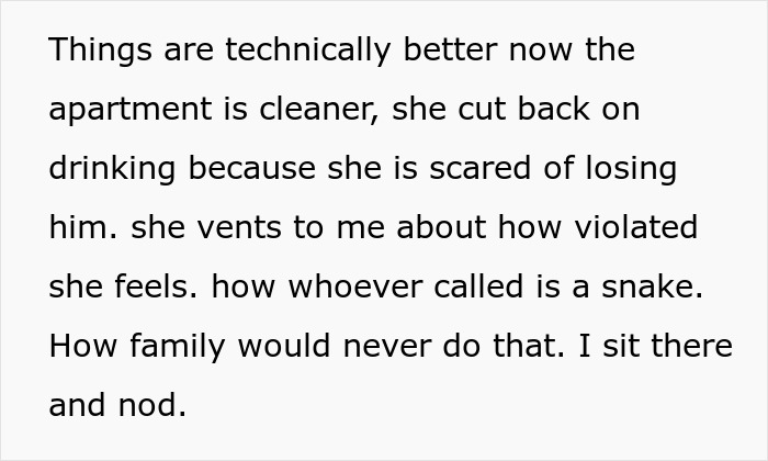 Text excerpt about lady secretly reporting sister to CPS to encourage responsibility, reflecting family trust issues and personal struggles.