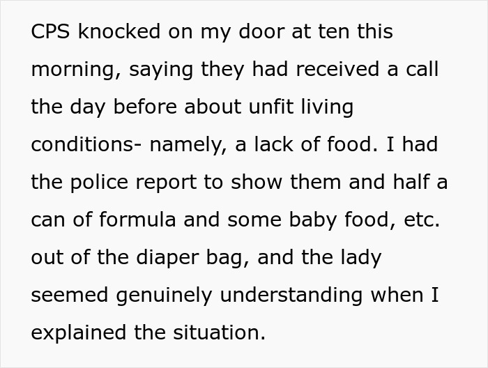 Alt text: CPS visit triggered by suspected step-mom stealing family's food, causing concerns over unfit living conditions.
