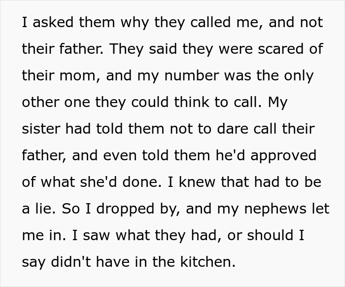 Text excerpt describing a woman’s kids calling their uncle for help due to fear of their mother’s parenting.
