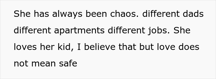Text describing family chaos and concern about safety, highlighting a lady secretly reporting sister to CPS to ensure responsibility.