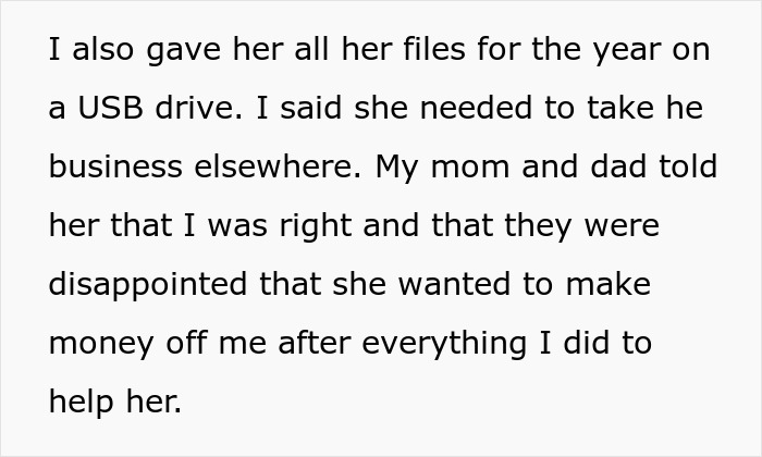 Text about sister refusing plan for wedding and being demoted guest after family dispute over business files and support.