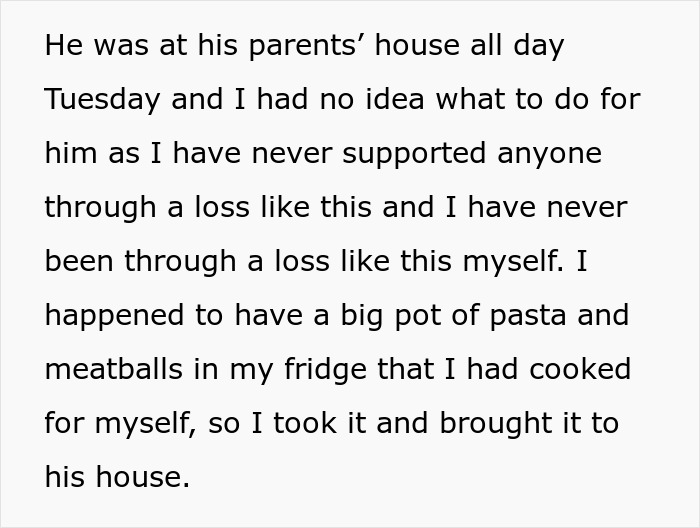 Text excerpt about a woman bringing leftovers to support her boyfriend in mourning, facing criticism over food choices.