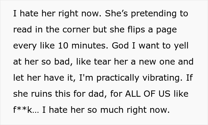 Text expressing intense jealousy and anger from a teen daughter potentially ruining a widowed dad's chance at love again.