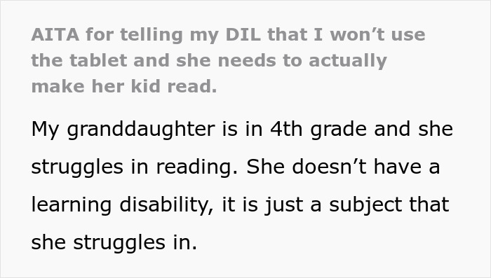 Text excerpt about grandma teaching grandkid to read sparking family conflict and accessing free childcare perks.