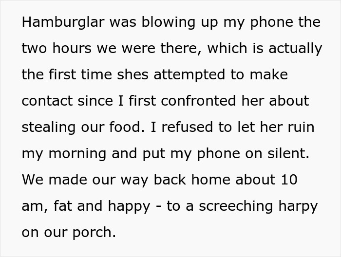 Text excerpt about Hamburglar step-mom repeatedly contacting a couple after food theft confrontation.