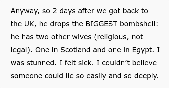 Text about woman marrying weeks after meeting her husband, revealing his secret of having two other religious wives.