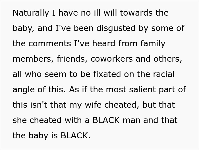 Text discussing a husband's reaction to his wife's secret exposed after she gives birth to a black child.