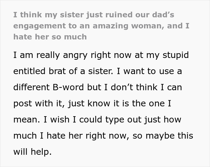 Text post showing anger about sibling jealousy possibly ruining widowed dad&rsquo;s new love and engagement.