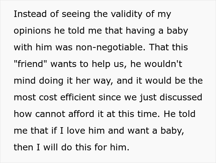 Husband’s baby-making plan with a friend causes tension with infertile wife over cost and choice issues.