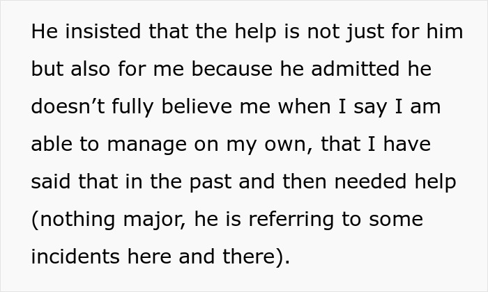 Text excerpt showing a wife explaining her ability to manage chores alone despite occasional past incidents.