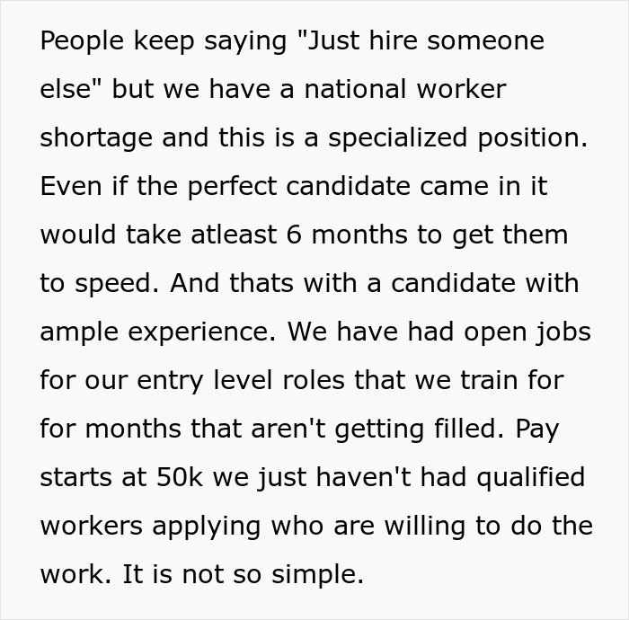 Text explaining worker shortage in specialized roles and challenges hiring qualified candidates for sister relationship cheater work drama.