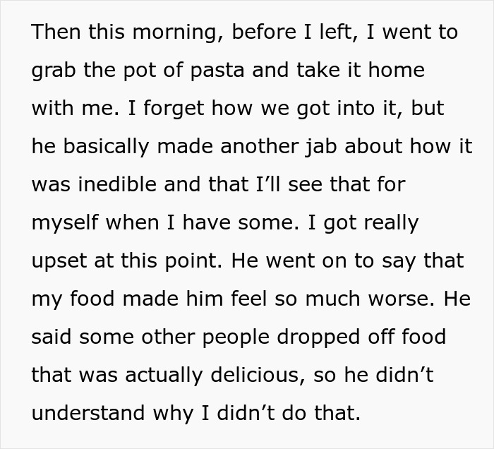 Text excerpt showing a woman upset after her boyfriend berates her for bringing inedible leftovers as support during mourning.