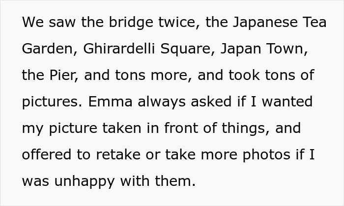 Text displayed on a white background describing travel experiences and photo-taking offers from a friend named Emma.