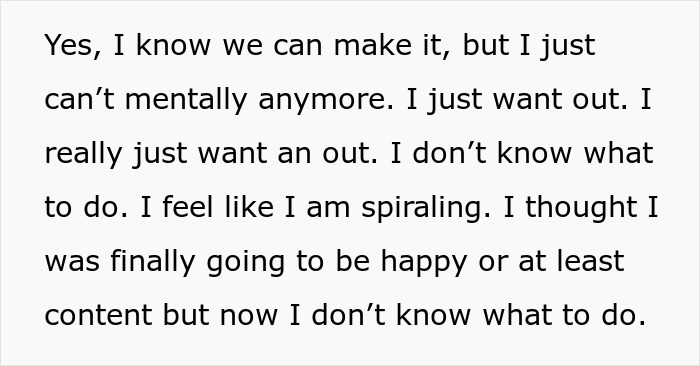 Alt text: Text showing a fianc&eacute;e expressing mental struggle after her man's $500 insurance hike, feeling overwhelmed and wanting out.