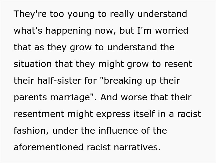 Text about children&rsquo;s concern over resentment towards half-sister after wife&rsquo;s secret exposed involving a Black child.