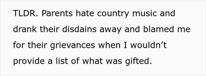 Text on white background explaining parents' dislike of country music and forcing beer at a wedding leading to upset man.