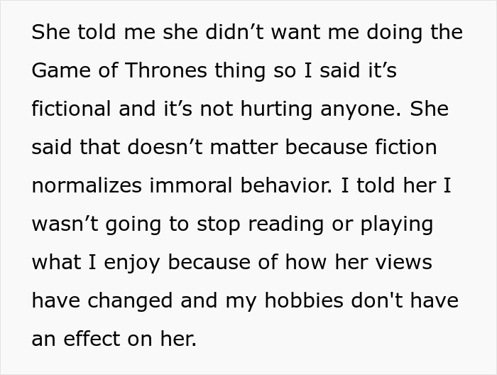 Text excerpt discussing a controlling girlfriend opposing fiction consumption and a guy defending his hobbies and fiction mania.