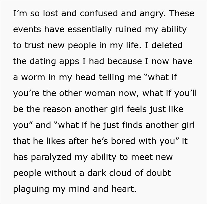 Text expressing confusion and broken trust caused by a cheater who breaks a girlfriend&rsquo;s heart and vanishes for a year.